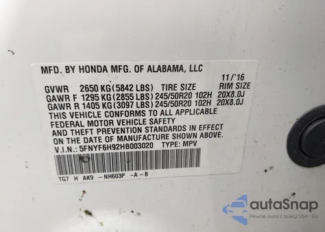 2017 Honda Pilot Touring из США, поврежденный, VIN 5FNYF6H92HB003020